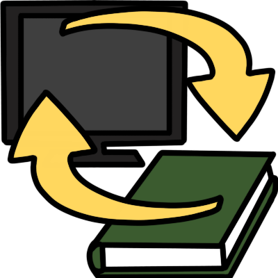 a TV and a book with a green cover. there is a curved yellow arrow pointng from the TV to the book, and another one pointing from the book to the TV.